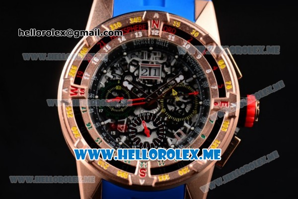 Richard Mille RM 60-01 Asia 2813 Automatic Rose Gold Case with Skeleton Dial and Blue Rubber Strap Rose Gold Bezel (EF) - Click Image to Close